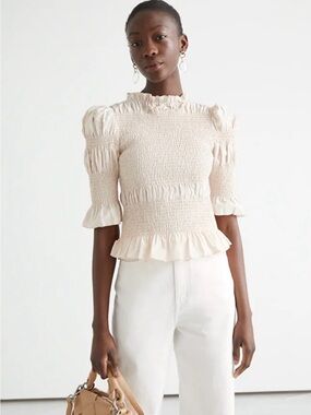 & Other Stories Smocked Puff-Sleeve Top in Beige